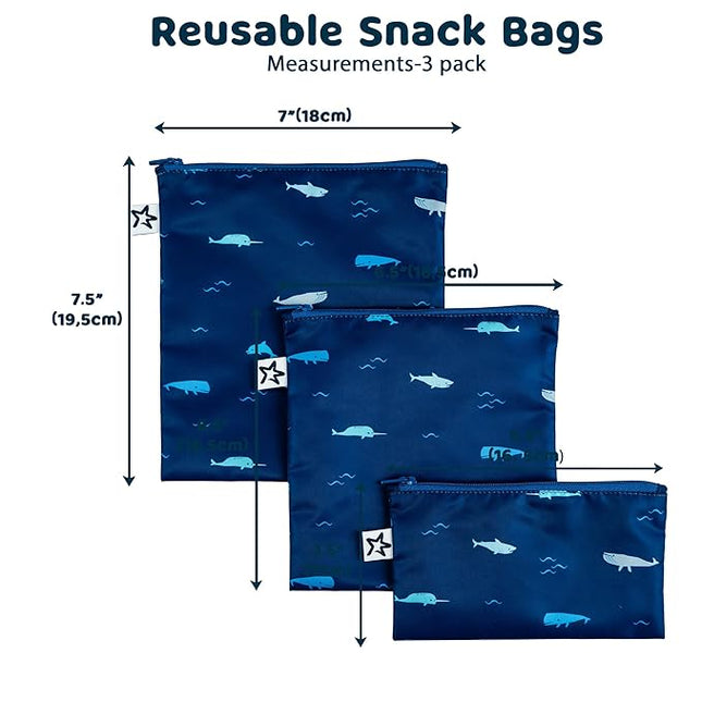 Tiny Twinkle Reusable Snack Bags for Kids – 3 Pack Snack Pouches & Sandwich Bag for Toddlers – Machine Washable, Mess-Proof for Lunch & Travel (Ocean)