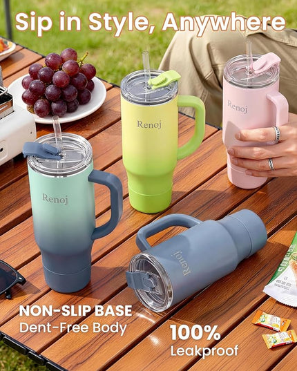 Renoj Tumbler with Handle 100% Leak Proof Insulated Water Bottle for Iced Coffee & Hot Drinks - Fits Car Cup Holder, Ideal Gift, 2 Straws & Silicone Boot BPA-Free - SnapShift Light Pink 32 oz