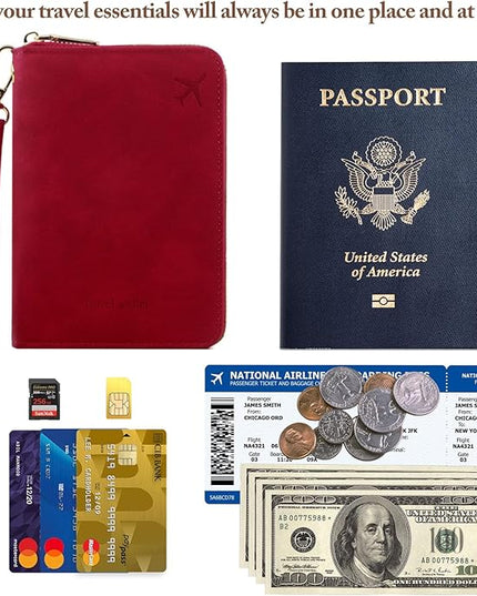 Passport Holder for Travel Women and Men RFID Passport Holder with Card Slots Holder Passport Case Passport cover Passport Wallet Travel Essentials and Accessories (Short Zipper, SZH-Red)
