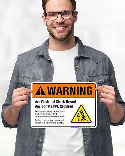 Warning Arc Flash And Shock Hazard Appropriate PPE Required Sign, 10x7 Inches, 4 Mil Vinyl Decal Stickers Weather Resistant, Made in USA by My Sign Center