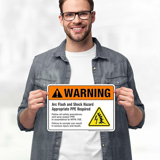 Warning Arc Flash And Shock Hazard Appropriate PPE Required Sign, 10x7 Inches, 4 Mil Vinyl Decal Stickers Weather Resistant, Made in USA by My Sign Center