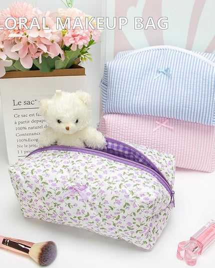 PAZIMIIK Cozy Makeup Bag Travel Cosmetic Bag for Women Soft Toiletry Bag Aesthetic Makeup Organizer Portable Large Zipper Pouch for Skincare Beauty Accessories Brushes Floral Purple