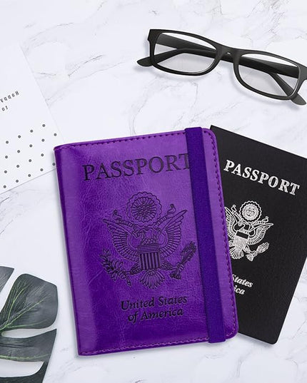 WALNEW Passport Holder for Travel, RFID Passport Cover Wallet for Women Men, PU Leather Passport Book Card Holder Case with Pen (Elastic Band Closure, A-Purple)