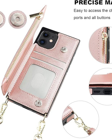 Bocasal Crossbody Wallet Case for iPhone 12 Mini with Card Holder,Zipper Card Slot Protector Shockproof Purse Cover with Removable Cross Body Strap 5.4 Inch(Rose Gold)