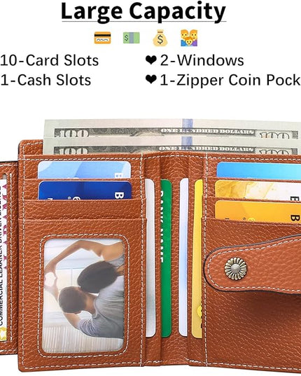 Falan Mule Women's Wallet, Genuine Leather, RFID Protected, Caramel Color, 10 Slots, 2 Windows, Zipper Closure, 2 Compartments