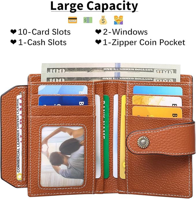 Falan Mule Women's Wallet, Genuine Leather, RFID Protected, Caramel Color, 10 Slots, 2 Windows, Zipper Closure, 2 Compartments