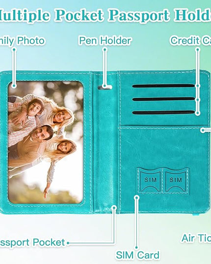 Passport Holder for Travel, RFID Blocking Passport Cover with Pen Holder Leather Passport Wallet Case Travel Must Haves Accessories Passport Book Card Holder for Family Travel Essentials, Turquoise