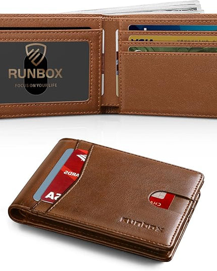 RUNBOX Wallet for Men Slim Leather Bifold RFID Blocking Minimalist Front Pocket Design with Gift Box