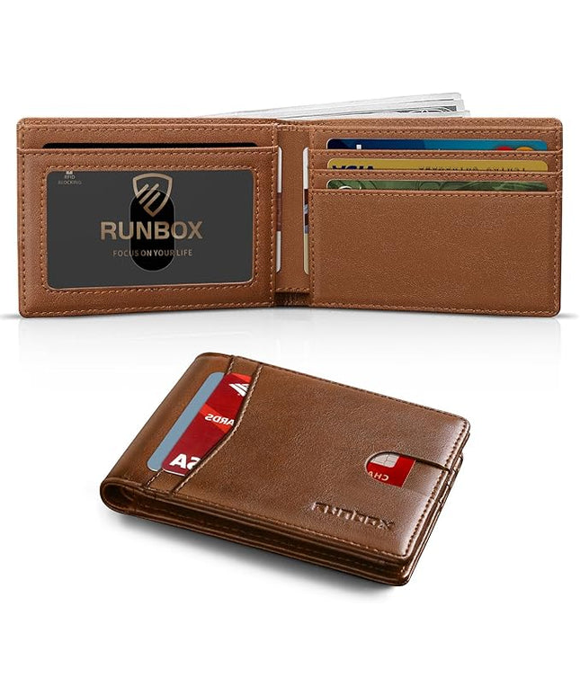 RUNBOX Wallet for Men Slim Leather Bifold RFID Blocking Minimalist Front Pocket Design with Gift Box