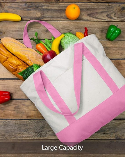 TOPDesign 3-Pack Canvas Tote Bags with an External Pocket, Reusable Grocery Shopping Bags, Top Zipper Closure, Daily Essentials (Pink/Natural)