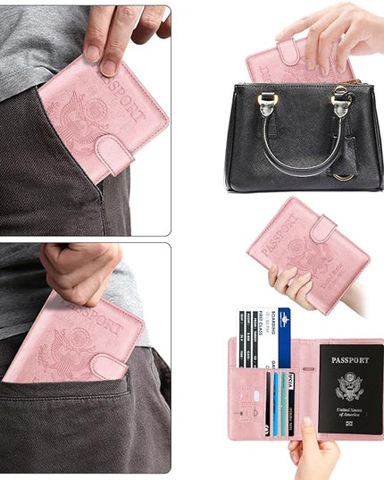 WALNEW Passport Holder for Travel, RFID Passport Cover Wallet for Women Men, PU Leather Passport Book Card Holder Case with Pen (Buckle Closure, Buckle-Rosegold)