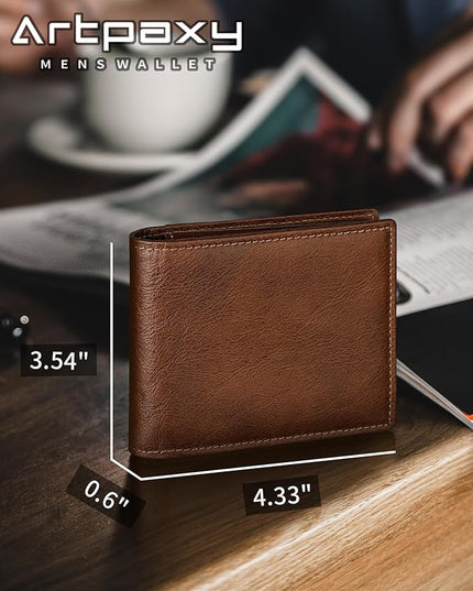 Artpaxy Mens Wallet Genuine Leather Bifold RFID Blocking Wallet for Men with 1 ID Window 13 Card Holders 2 cash pockets 1 Gift Box