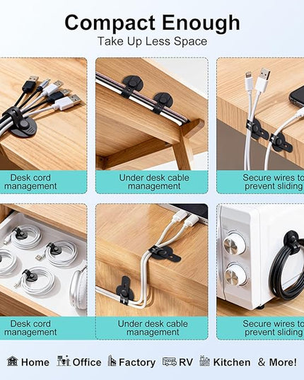 Cable Management Under Desk, 2026 New Upgraded Cord Organizer, Silicone Cable Ties Straps, Adjustable Wire Organizers for Cords, Self Adhesive Sticky-Back Cable Clips Hider Under Table, 12Pcs - Black