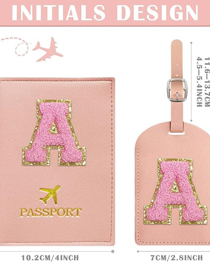 COSHAYSOO Initial Passport Cover Luggage Tag Set Letter Passport Holder Airplane Cruise Travel Essentials Vacation Traveling Accessories Personalized Gifts for Women Teen College Girls Pink A
