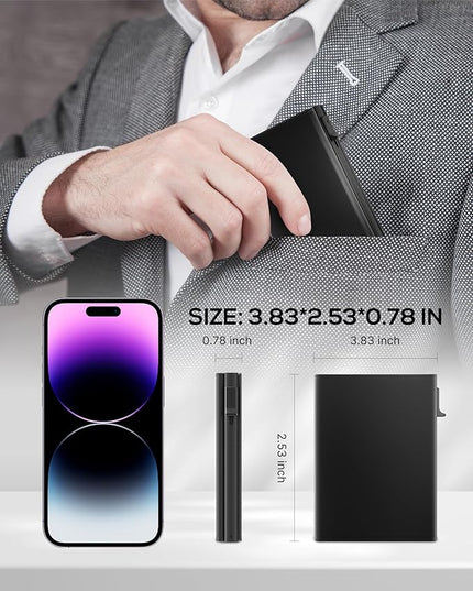 Mens Wallet Card Holder - Smart Wallet for Men, Pop Up Card Case, Top Grain Leather, RFID Blocking, Slim, Minimalist, Ultra Thin, Front Pocket, 9-14 Card Capacity | ID Window | Cash Slot (Black)
