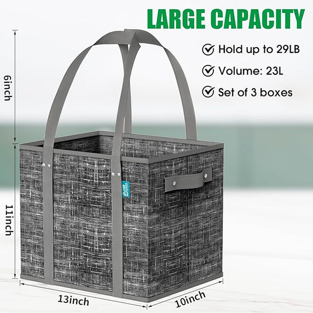 Fab totes Reusable Grocery Bags, Large Foldable Shopping Tote Bags with Reinforced Handles & Hard Bottom,3 Pack,Black