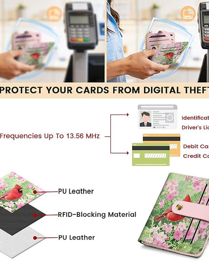 Sodsay Small Slim Wallet Women RFID Blocking, PU Leather Bifold Ladies Wallet with Zipper Coin Pocket, Thin Cute Travel Card Wallets for Girls, Pink Feathered Blossom