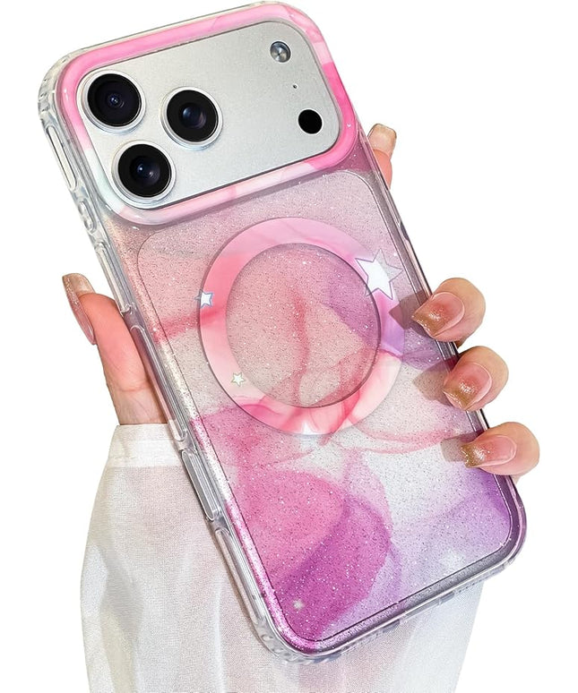 Cute Case for iPhone 17 Pro Case for Women Girls [Compatible with Magsafe] Aesthetic Girly Trendy Glitter Sparkly Bling Magnetic Protective Phone Cover, Pink