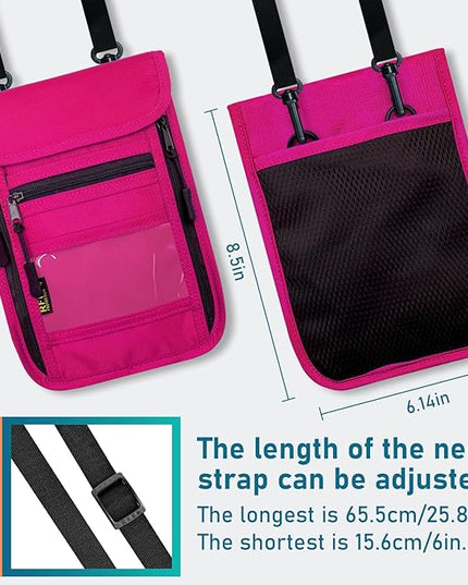 sundee Travel Neck Wallet with Double Zippers, RFID Blocking Passport Holder with Adjustable Neck Strap for Men and Women to Keep Cash, Credit Cards and Travel Documents Safe - Rose Red