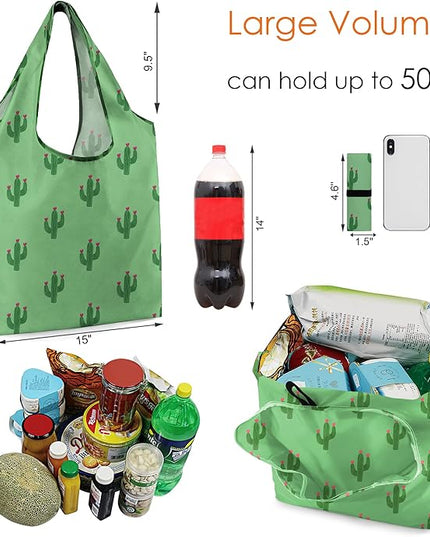 BeeGreen Geometry Reusable Grocery Bags Bulk 6 Packs X-Large, Reusable Shopping Bags Foldable for Groceries, Vegetables, Fruits Watertight Bulk Tote Bags (Cactus Rainbow Polka Dot Red Rose