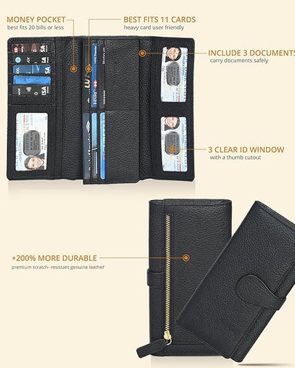 Real Leather Women Wallet Leather with RFID Blocking -Trifold Card Holder Designer Ladies Clutch with ID Window Wallets