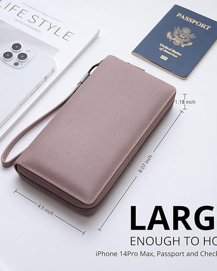 Bveyzi Women RFID Blocking Wallet Leather Zip Around Phone Clutch Large Capacity Ladies Travel Purse Wristlet | RFID Blocking, Zip Around, Large Capacity
