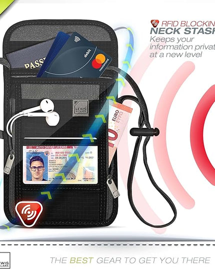 Lewis N. Clark RFID Blocking Stash Neck Wallet, Travel Pouch Passport Holder for Women & Men, Black