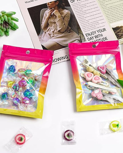 Funfery 300 Pack Smell Proof Resealable Bags for Food Storage,Holographic Bags 4x6 Hot Pink Orange Mylar Clear Packaging Bag- Scent Proof for Cookies, Zip Foil Pouch for Small Business