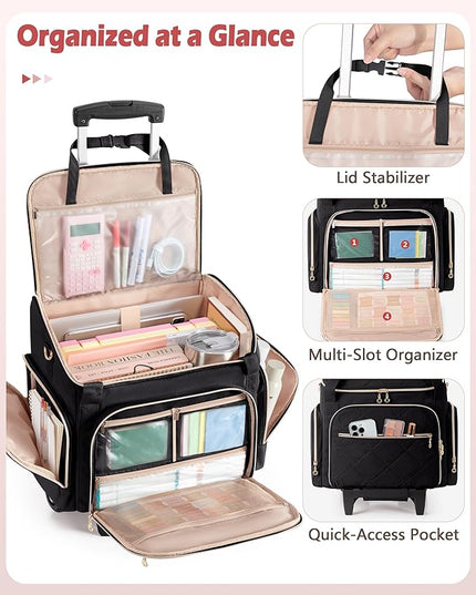Rolling Teacher Bag with 15.6" Laptop Compartment, Wheeled Work Briefcase Tote with Detachable Trolley for Women, Black