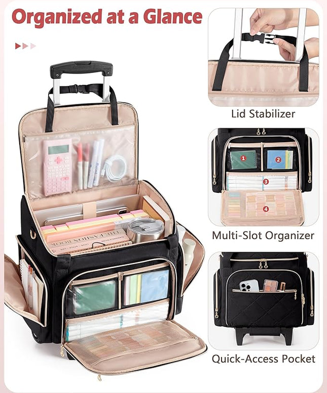 Rolling Teacher Bag with 15.6" Laptop Compartment, Wheeled Work Briefcase Tote with Detachable Trolley for Women, Black