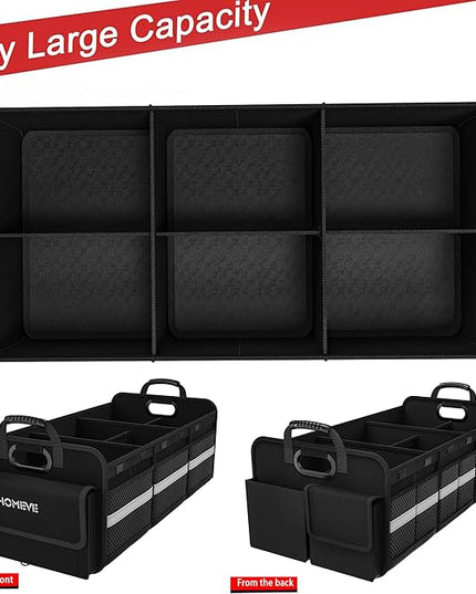 Homeve Trunk Organizer for Car, Collapsible Storage Box, Car Storage Organizer, 6 Compartment, Multi Pockets, Non Slip Strips, 2 Adjustable Securing Straps, Black