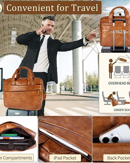 Faux Leather Messenger Bag for Men 17.3 Inch: Laptop Bag Briefcase Computer Handbags Shoulder Crossbody Bag with Padded Laptop Sleeve for Work College Travel, PU Brown