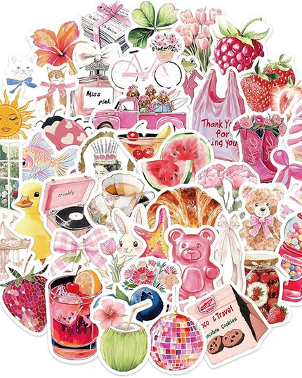 55 PCS Vintage Pink Stickers, Waterproof Retro Aesthetic Stickers for Water Bottles,Laptop Scrapbook Journaling Decorative Decals for Adults