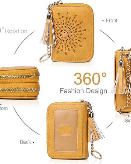 APHISON RFID Credit Card Holder Zipper Card Case Keychain Small Wallet for Women 1942-2 LIGHT-YELLOW