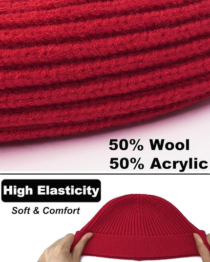 Short Fisherman Beanie for Men Women, Wool Knit Cuff Warm Winter Hats, Trawler Beanie Watch Caps Soft Skullcap