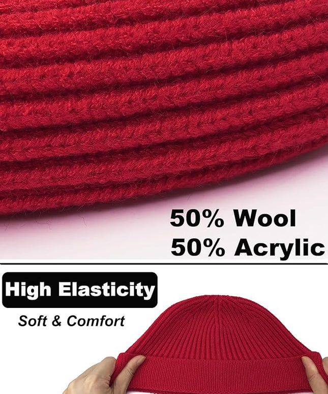 Short Fisherman Beanie for Men Women, Wool Knit Cuff Warm Winter Hats, Trawler Beanie Watch Caps Soft Skullcap