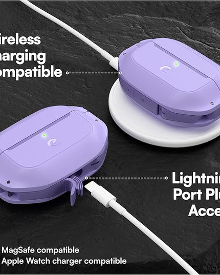 Keybudz for AirPods Pro 2 Case with Lock - Fully Waterproof AirPods Pro 2nd Generation Case Cover - Keychain, Rugged Tough Protection, Hard Shell and Carabiner for USB-C/Lightning (Wild Lavender)