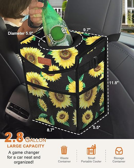 Car Trash Can with Lid, Cute Leakproof Car Trash Garbage Bag Hanging Vehicle Trash Bin Small Portable Automotive Garbage Cans Organizer for Back/Front Seat/Console(2.8 Gallons,Sunflower)