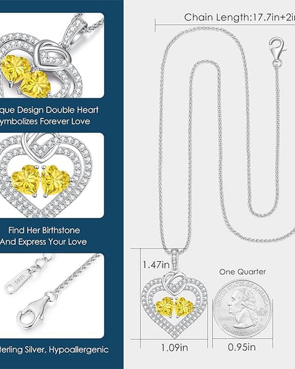 LOUISA SECRET Sparkling Double Heart Birthstone Necklaces for Women, 925 Sterling Silver Fine Jewelry, Pendant Heart Necklaces Birthday Anniversary Christmas Gift for Women Wife Mom Girlfriend Lady