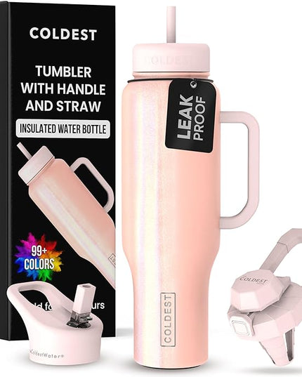 Coldest Tumbler with Handle and Straw, 100% Spill Proof Tumbler with Straw (3 Lids), Stainless Steel Insulated Leakproof Tumblers for Women Men, Cup Holder Friendly, 46 oz (Forever Pink Glitter)