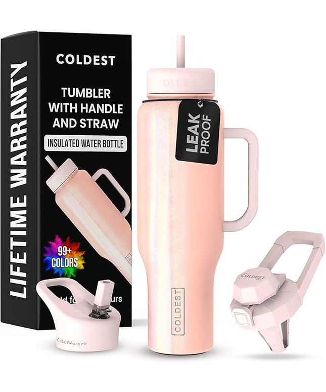 Coldest Tumbler with Handle and Straw, 100% Spill Proof Tumbler with Straw (3 Lids), Stainless Steel Insulated Leakproof Tumblers for Women Men, Cup Holder Friendly, 46 oz (Forever Pink Glitter)
