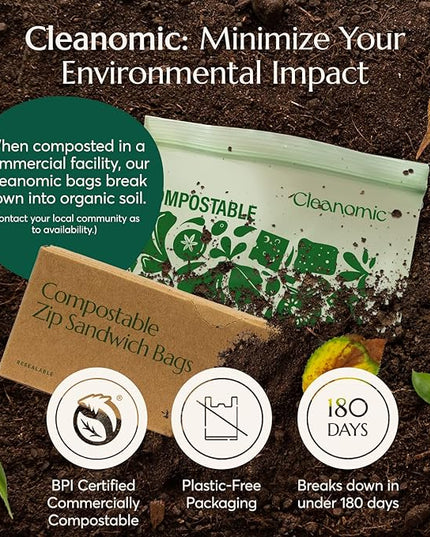 Cleanomic Compostable* Sandwich Size Food Storage Bags (25 Eco Zip) Freezer and Leak Proof, Also Available Gallon, Quart and Snack Size Bags