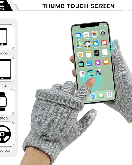 Winter Fingerless Gloves for Women Men Warm Knitted Convertible Mittens Flap Cover