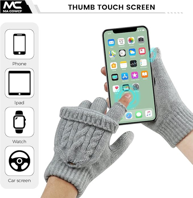 Winter Fingerless Gloves for Women Men Warm Knitted Convertible Mittens Flap Cover
