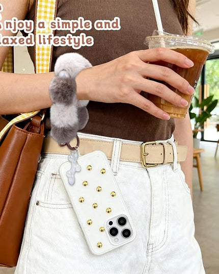 2 Pcs Phone Charm Wrist Strap with Tether Tab, Double Anti Lost Fluff Ball Beaded Wrist Lanyard, Detachable Leather Phone Charms for Bag, Key Chains, Camera Decor