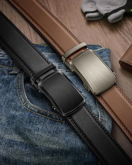 KEMISANT Men Belt 2 Pack, Leather Ratchet Belt Easy Click Slide For Men 1 3/8",Cut for Fit