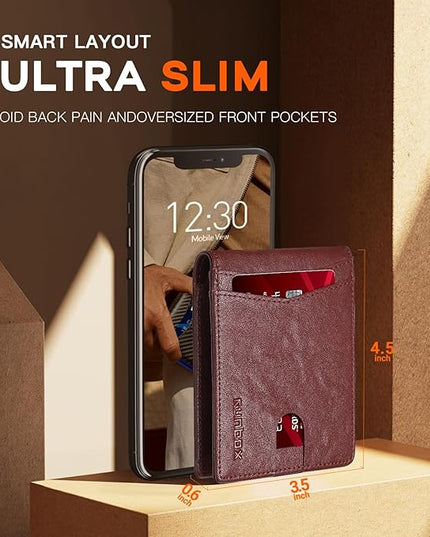 RUNBOX Wallet for Men Slim Leather Bifold RFID Blocking Minimalist Front Pocket Design with Gift Box