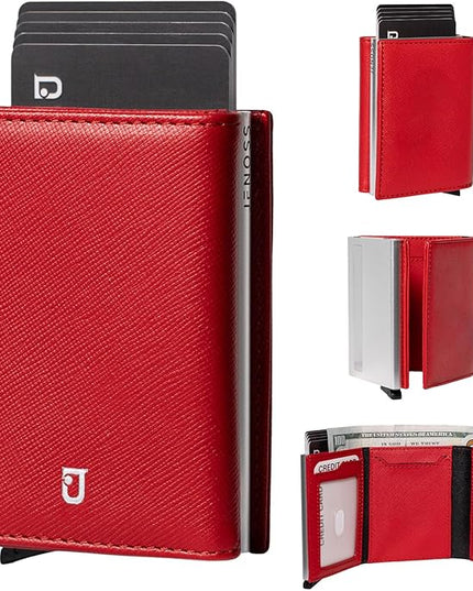 Jenoss Smart AirTag Wallet for Men & Women: Full Grain Leather, Handcrafted, Case Pop Up Case, Slim, RFID Blocking, Credit Card Holder Apple Air Tag Tracker Trifold Minimalist 12 Slot ID (Red&Silver)