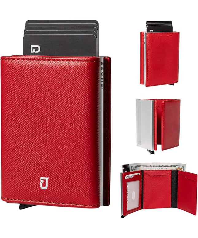 Jenoss Smart AirTag Wallet for Men & Women: Full Grain Leather, Handcrafted, Case Pop Up Case, Slim, RFID Blocking, Credit Card Holder Apple Air Tag Tracker Trifold Minimalist 12 Slot ID (Red&Silver)