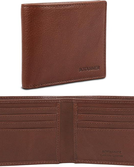 BOTANNER Mens Leather Bifold Wallet RFID Blocking, 8 Credit Card Slots, 2 Sections for Notes & 2 Additional Slots | Choco